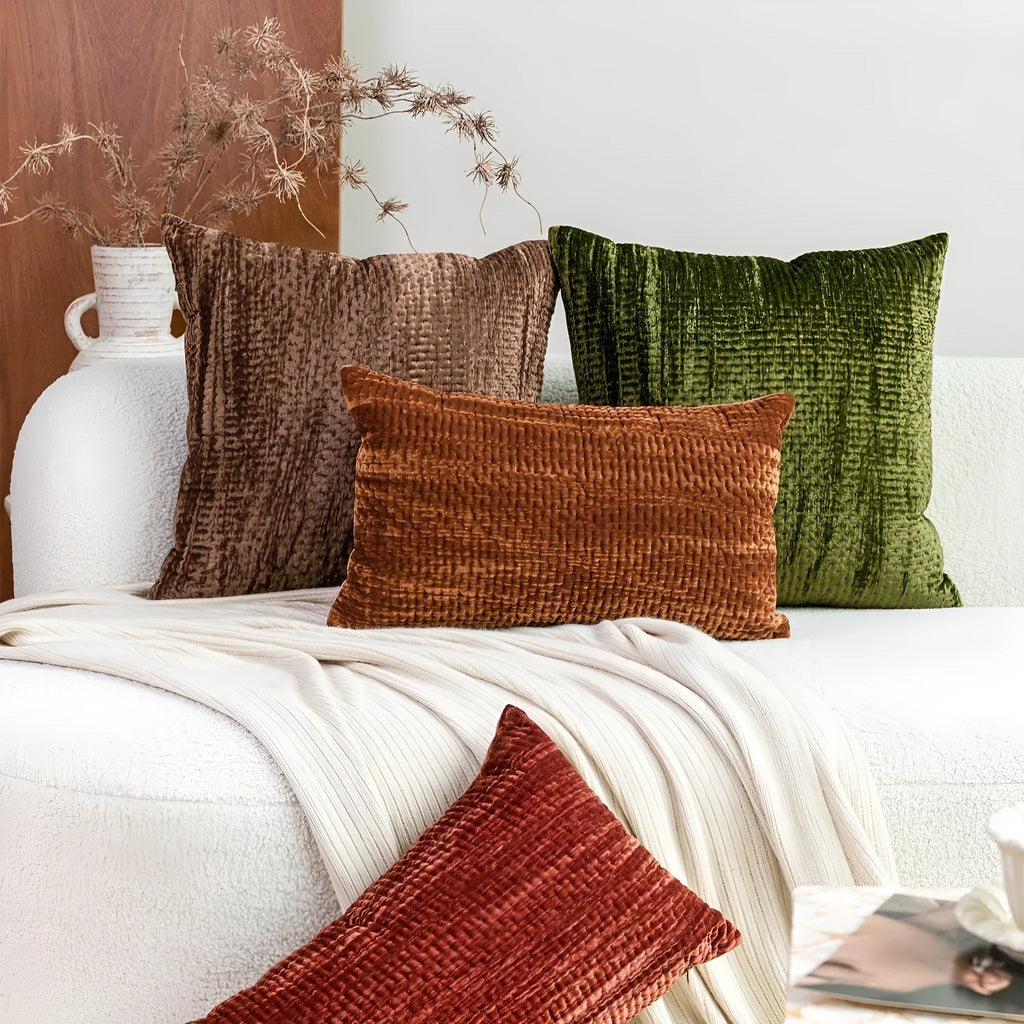 Green antique-style quilted square cushion pillow with a mercerised velvet embossed cover.