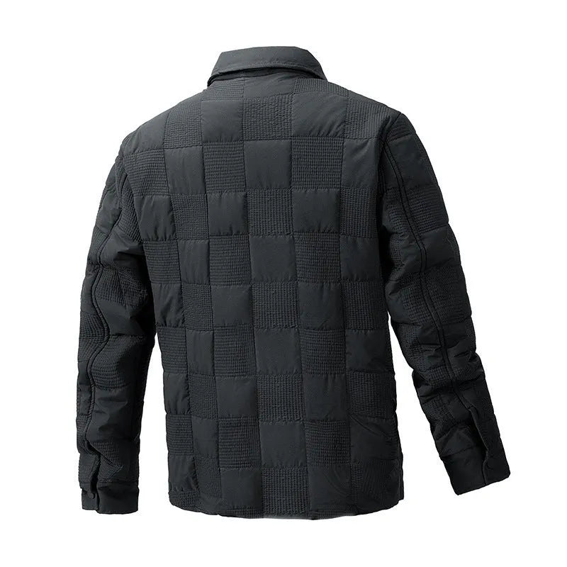 Man wearing a brown quilted polo collar jacket with a wool lining