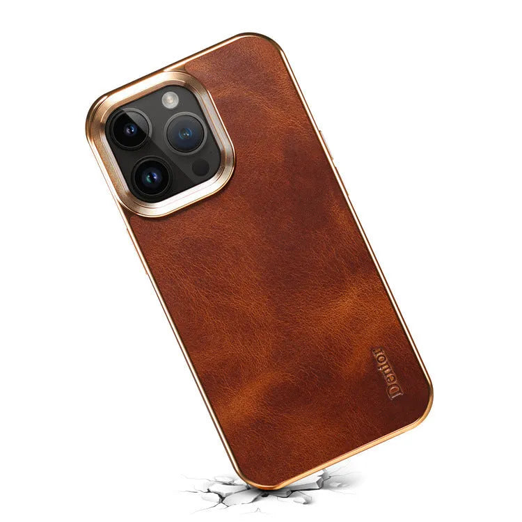 Handmade slim leather iPhone case in black on an iPhone 15
