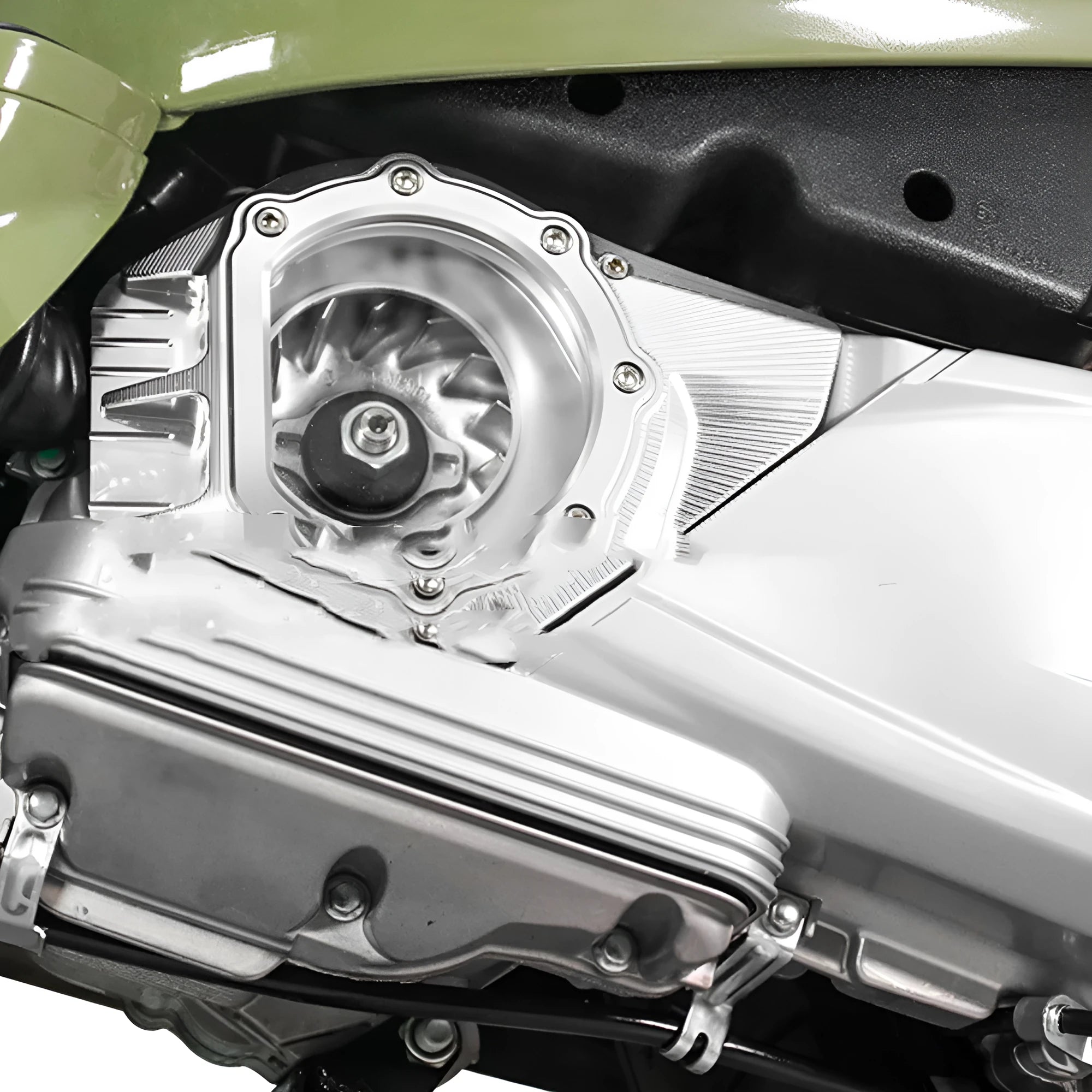 Vespa Primavera aftermarket clutch intake cover shown in one of five colour options: black, silver, titanium, red, or titanium gold.