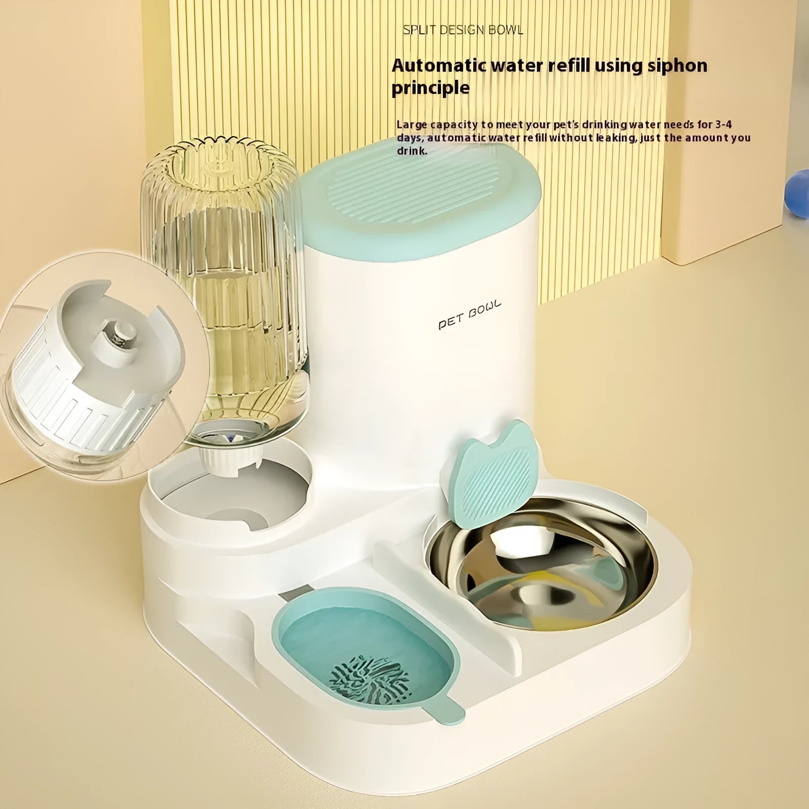 Cat automatic water fountain with stainless steel food bowl in avocado green colour