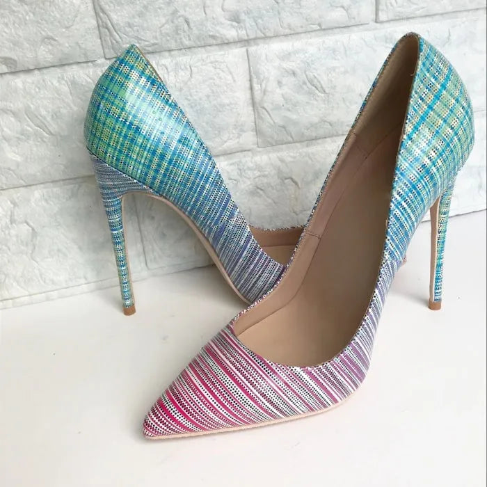 Women's pink and blue gradient patent leather pointed toe high heels on a rubber sole.