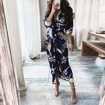 Elegant and chic floral print long-sleeved lace-up maxi dress with deep v-neck and empire waist