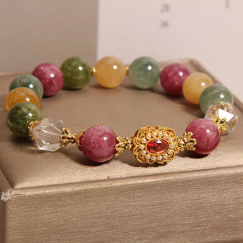 Jade colour tourmaline bead bracelet for women with alloy setting and rhinestone details