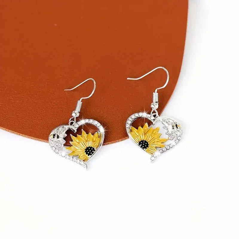 Silver alloy fashion earrings with bee and sunflower heart designs