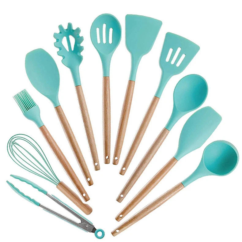 Silicone kitchenware set with wooden handle, heat resistant up to 230°C