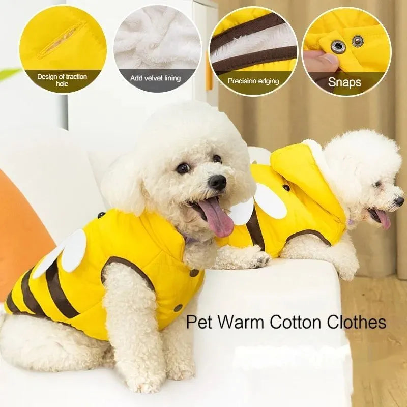 Warmly dog coat with bee print, yellow, velvet lined, turtleneck collar, winter jacket on a dog
