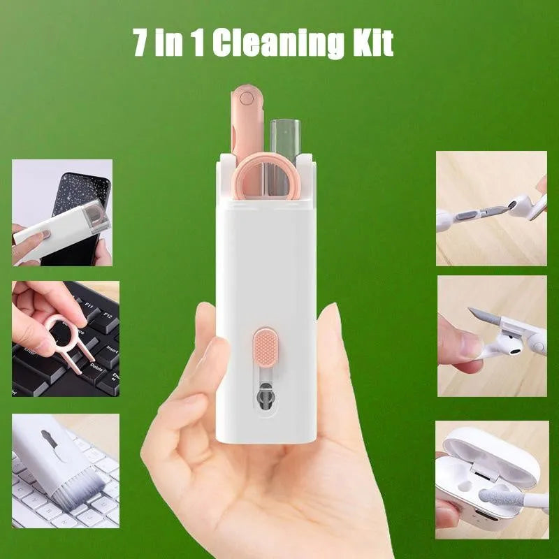 Multifunctional electronics cleaning kit with cleaning pen, brush, key puller, and spray bottle on a white background