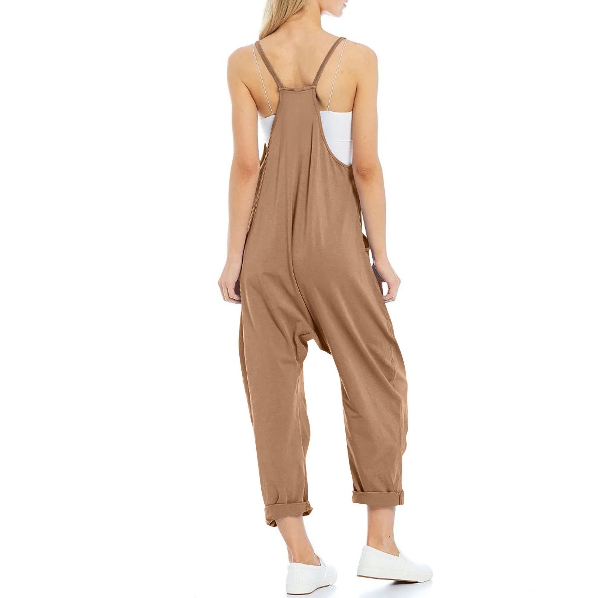 Women's knitted one-piece trousers with pockets and spaghetti straps in various colours