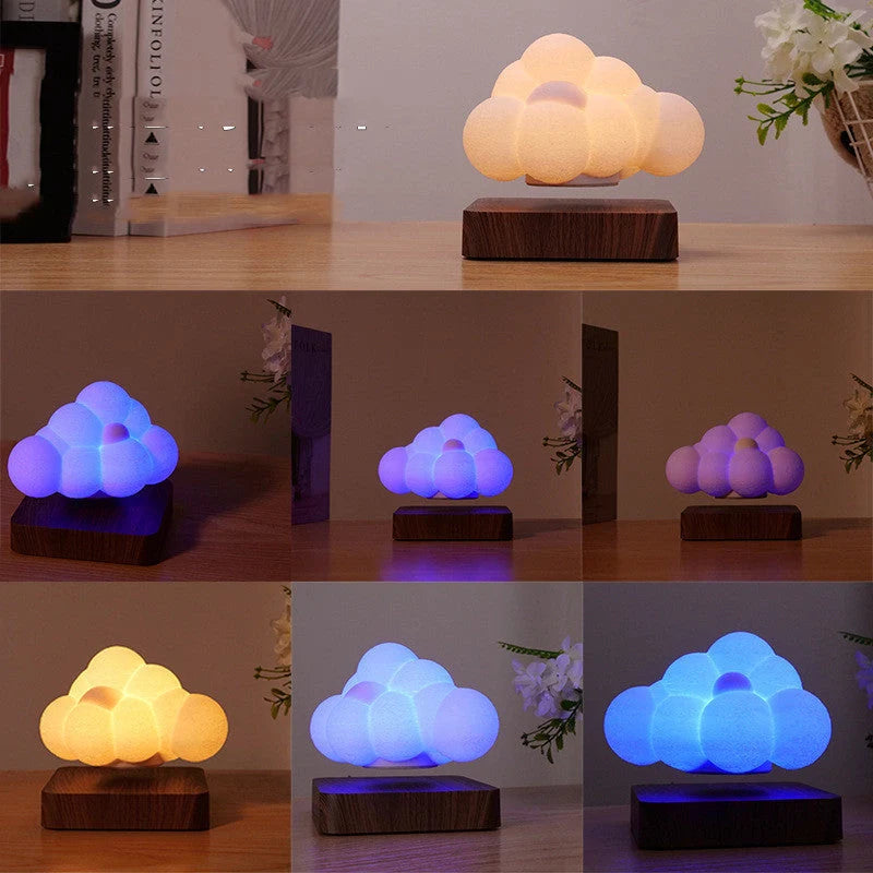 Magnetic Levitation Cloud Lamp floating above base with 3D-printed cloud design