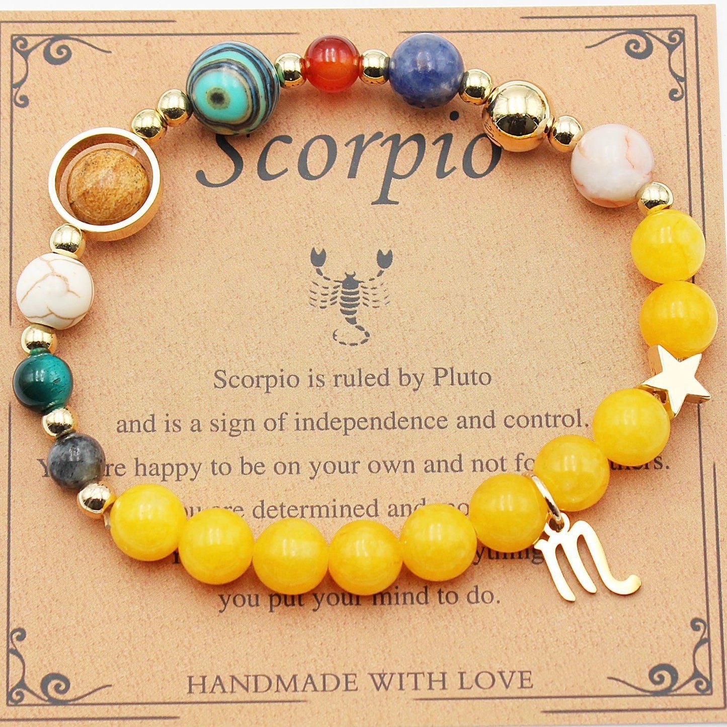 Morgan Stone beaded bracelet with twelve constellation designs, showcasing personalised zodiac signs.