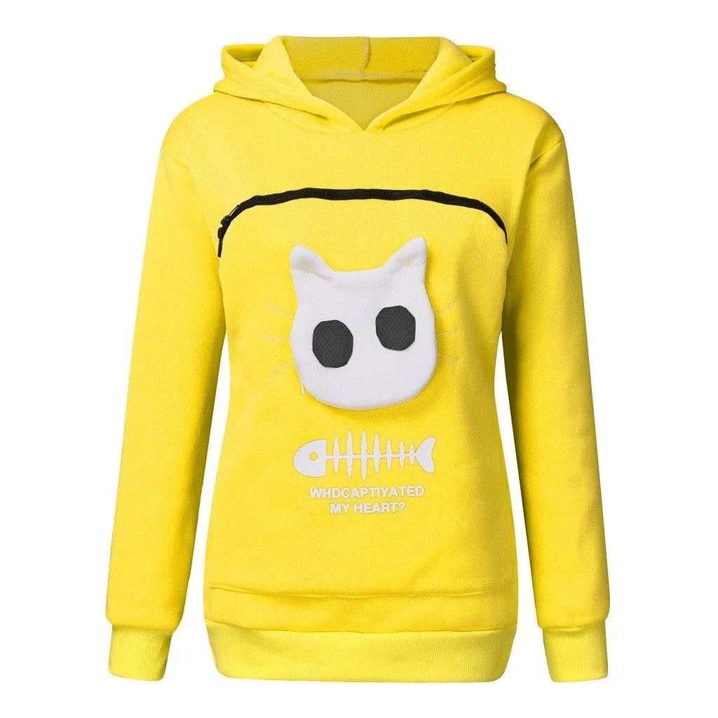 Women's cotton hoodie with unique cat pet pocket design in various colours