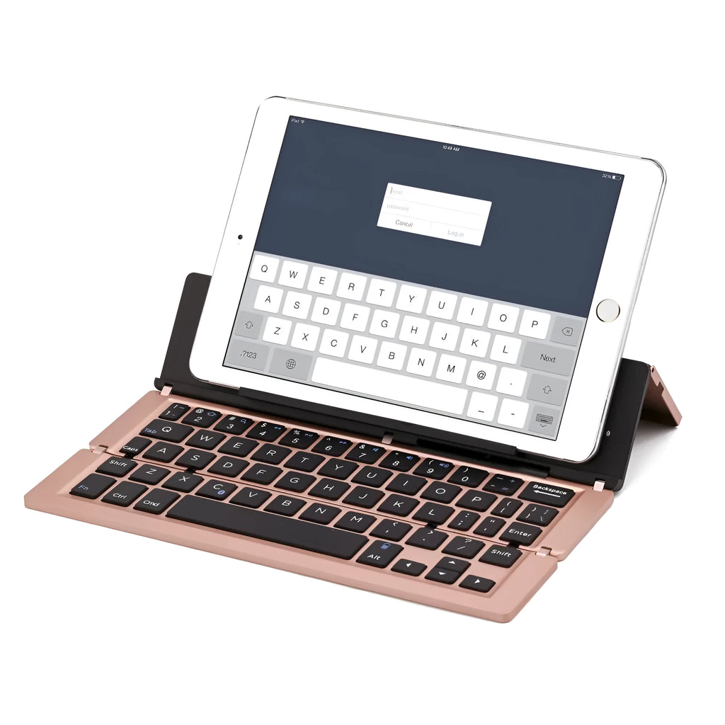 F18 three-fold folding Bluetooth keyboard in silvery finish, folded state, with aluminum alloy body