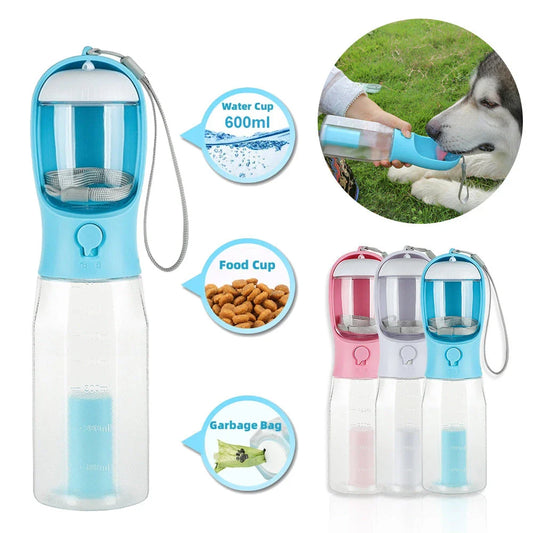 3-in-1 multifunctional pet water bottle with food feeder and waste bag dispenser in various color options