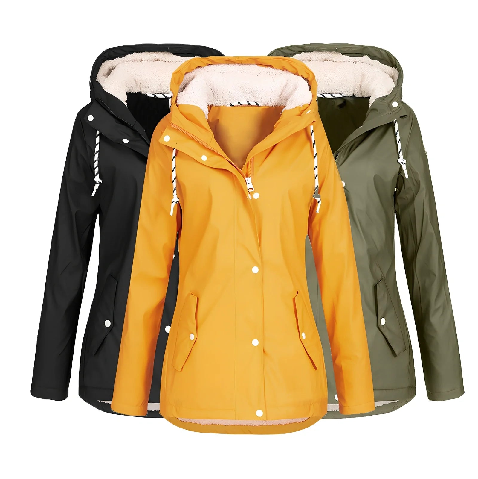 Women's outdoor winter jacket in Army Green, Black or Yellow with size range M to 4XL