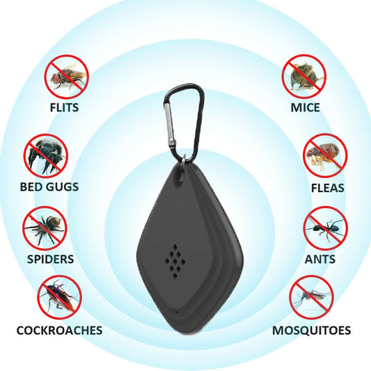 Ultrasonic mosquito repeller in black and white, compact design with USB charging port