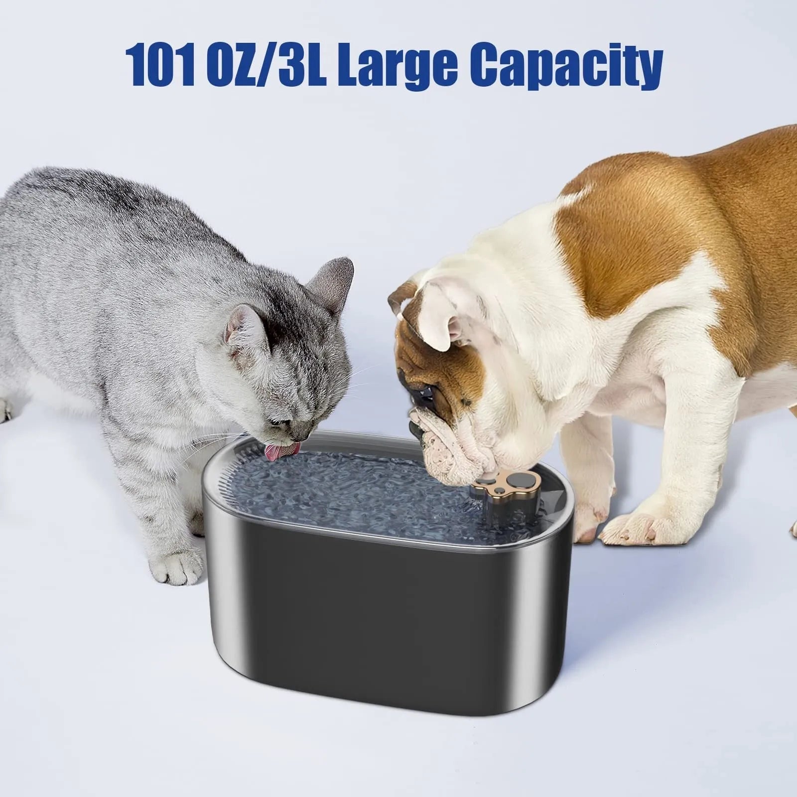 Berlin blue pet water fountain with 3 litre capacity, quiet pump, and triple filter for cats and dogs