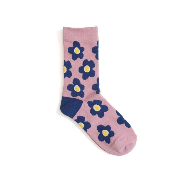 Girls' cartoon flower socks in various colours, made from breathable combed cotton