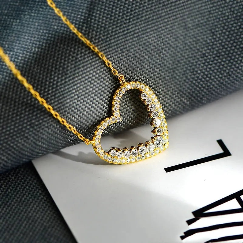 S925 sterling silver micro-inlaid heart necklace on cross chain in gold colour