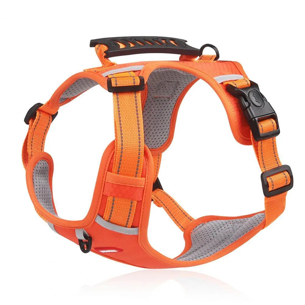 Nylon no pull reflective dog harness vest in orange oxford cloth with adjustable buckles and handle
