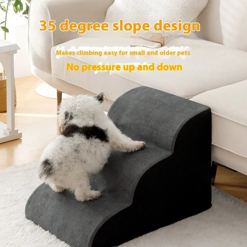 Brown wooden dog stairs with washable fabric cover next to a sofa