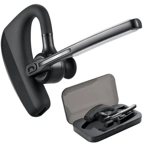 Black wireless Bluetooth headset with true wireless stereo technology and noise cancellation features