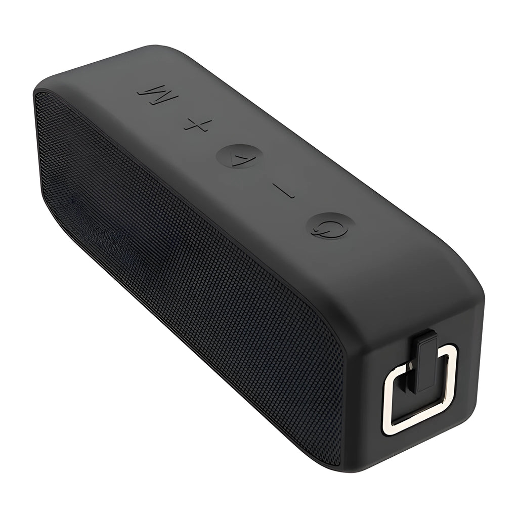 Black wireless waterproof Bluetooth speaker with button controls and USB port