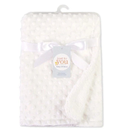 Soft and cozy baby blanket in various colors, including white, blue, gray, purple, green, and pink, with a plush, short-pile fabric and luxurious lamb velvet backing