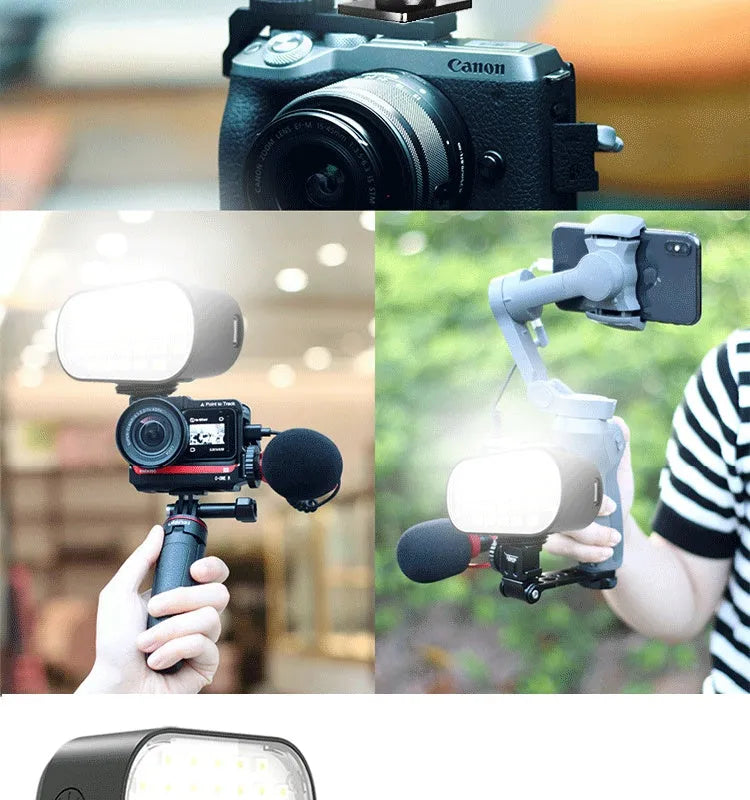 Black aluminium alloy mobile phone fill light with digital display, shown with six colour filters and a silicone diffuser.
