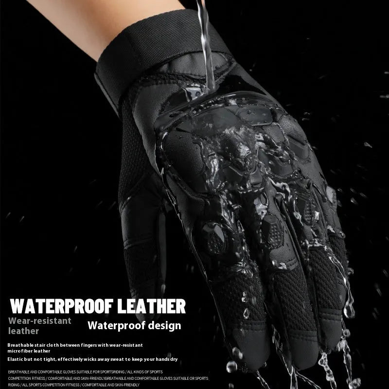 Men's black tactical training gloves with full finger design and touch screen-compatible fabric on a solid background.