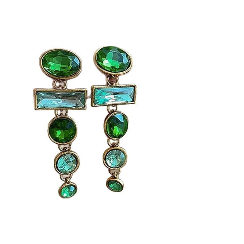 A pair of geometric-shaped green gradient earrings with zircon stones and a tassel, in a Chinese style.