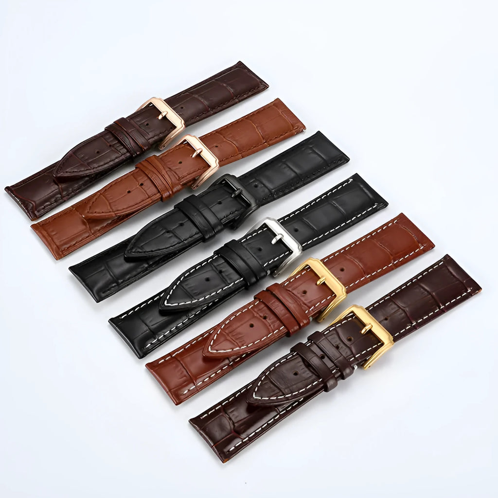 Genuine leather watch strap with bamboo knot pattern in black, 22mm width