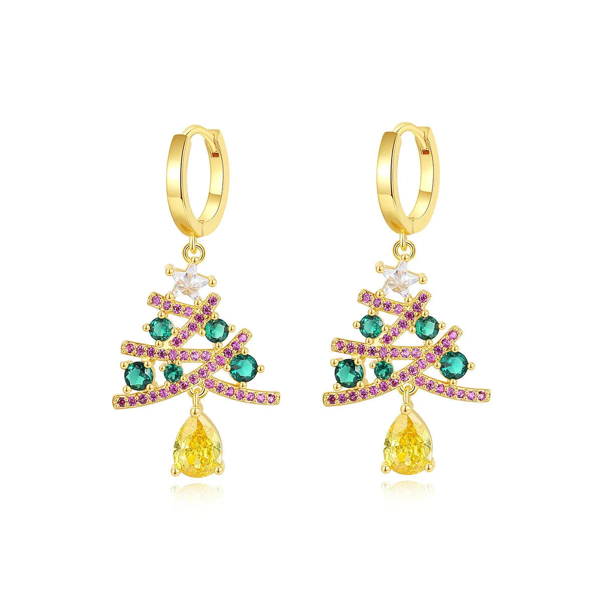 Elegant Christmas tree earrings with colorful rhinestones, a festive fashion accessory for women