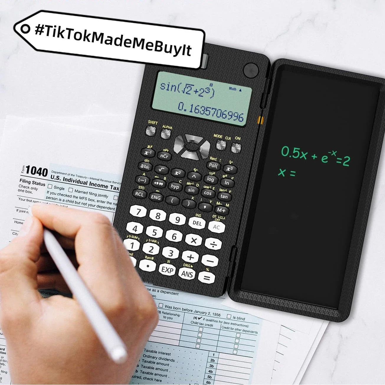 Foldable scientific calculator with integrated digital notepad for versatile productivity