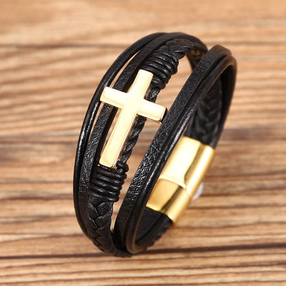 Multi-layer braided stainless steel cross men's bracelet in various finishes
