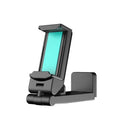 Foldable rotating phone holder in black showing adjustable angle mechanism with phone in landscape position