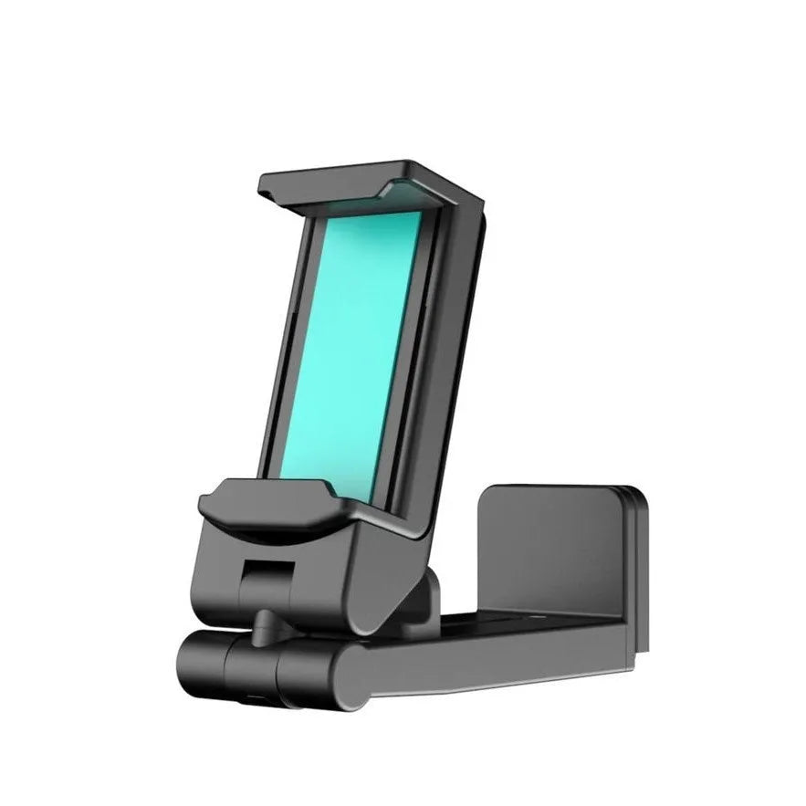 Foldable rotating phone holder in black showing adjustable angle mechanism with phone in landscape position