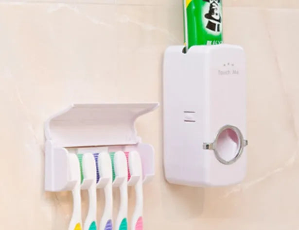 White or wine red plastic and silicone wall-mounted toothbrush holder set with pump dispenser for bathroom organisation