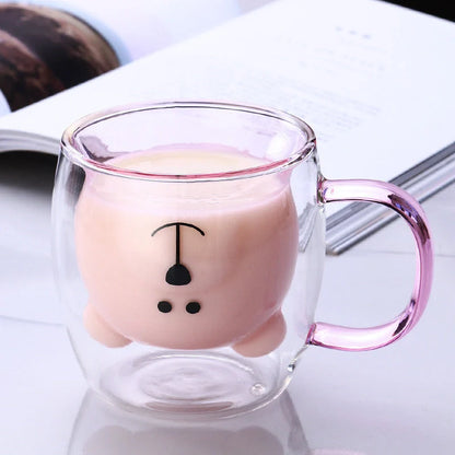 Creative Bear Double Coffee Milk Glass Cup for kids in four colours