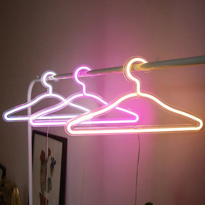 LED Neon Light Sign Clothes Stand USB Powered Hanger in white, pink, and warm light options
