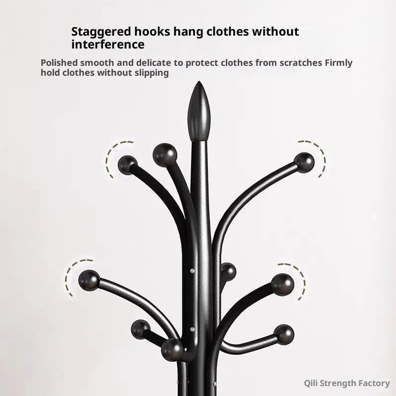 Floor-standing metal coat rack in black, vertical design for bedroom use, simple iron frame