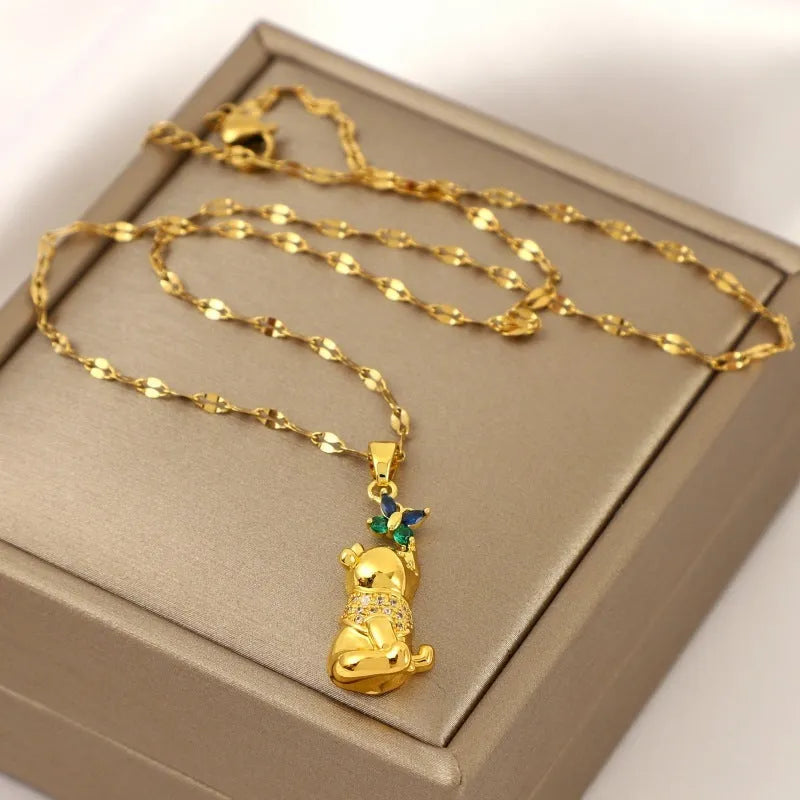 Gold copper necklace with heart pendant micro inlaid zircon bear butterfly design