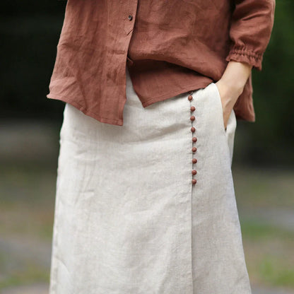 Mid-length raw jute color skirt with artistic irregular stitching in hemp