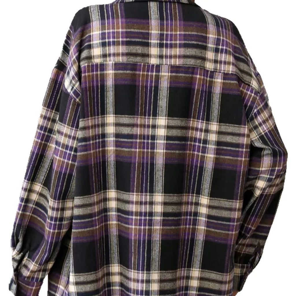 Women's loose fit cotton plaid shirt with long sleeves in black, green, and purple colour options