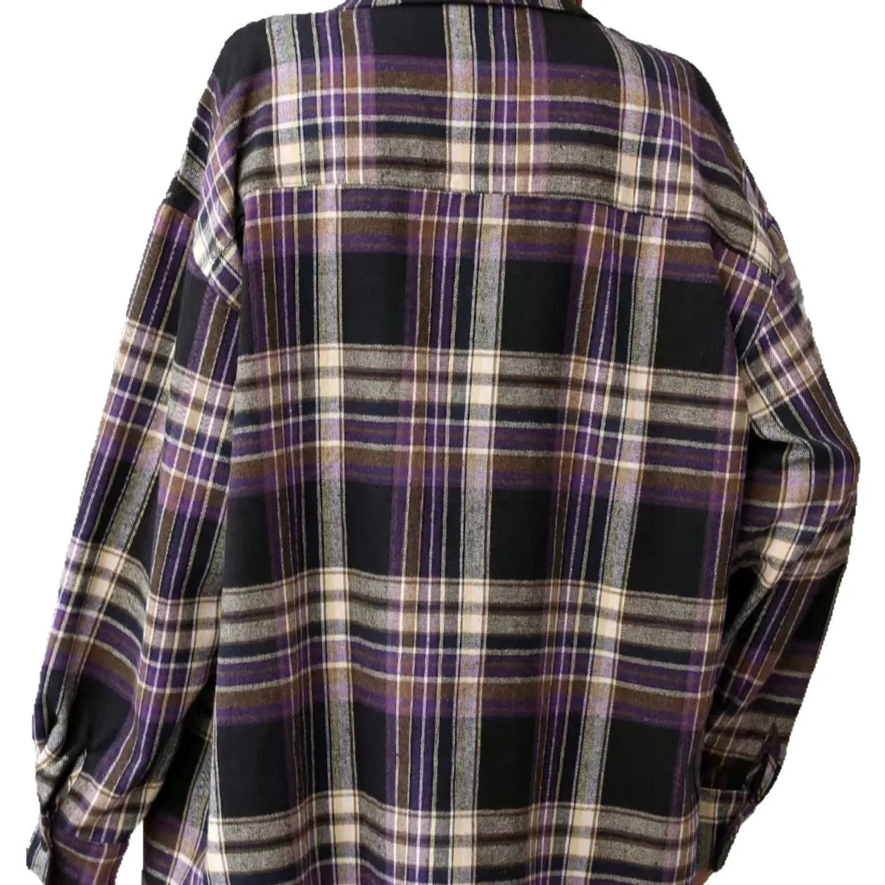 Women's loose fit cotton plaid shirt with long sleeves in black, green, and purple colour options