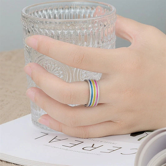 Titanium steel ring with unique rainbow oil drip design, available in silver