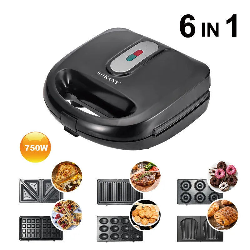 Black electric sandwich pan with double-sided heating and stainless steel lid on a kitchen counter.