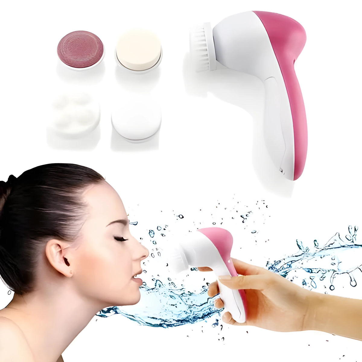 Electric facial cleanser brush with 5 attachments in pink, compact size, on white background