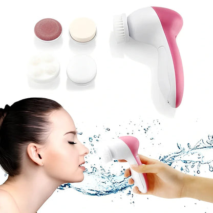 Pink electric facial cleanser device 130mm long with 5 attachments for pore cleaning and blackhead removal, battery operated