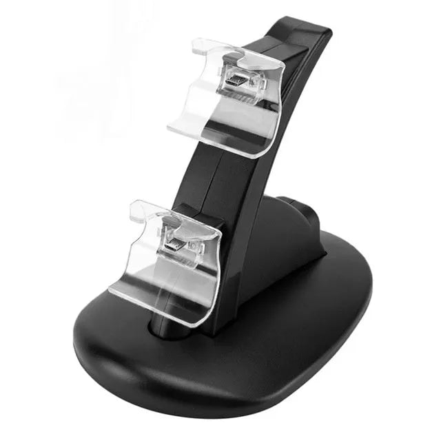 Black Xbox One dual controller charging stand dock showing two gamepads charging.